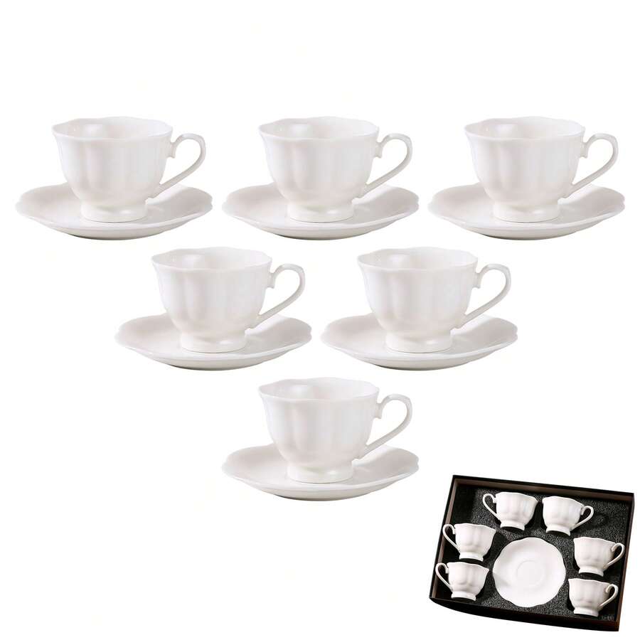 Set Of 6 Porcelain Tea Cups And Saucers, Bone China Tea Cup Set, 2.8 Oz White Tea Cup Set, Coffee Cups, Espresso Cups, British Tea Cups Gift For Wedding Bridal Shower Birthday Party - 白色 - 查看 1