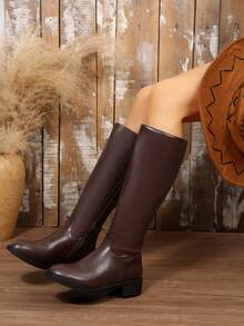 Women's Flat V-Cut Elastic High Tube Boots, Autumn/Winter New Square Toe Slim Soft Material Tall Boots - Coffee Brown - View 3