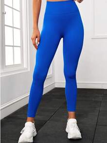 Solid Color High Waist Seamless Outdoor Leggings Sports - Royal Blue - View 6