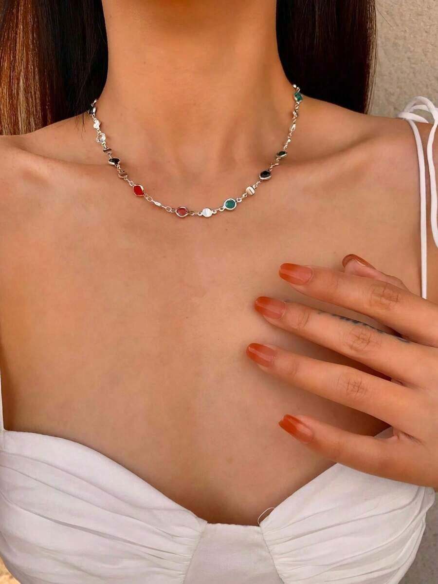 1pc Gold/Silver Color Random Glass Necklace Choker Layered Necklace Bohemian Style Bling Bling Pendant Necklace, Elegant Sophisticated Simple Luxury Fashion Cute, Suitable For Daily Wear, Dates, Parties, Vacations, Holidays, Anniversaries, Birthdays - Bạc - Xem 1