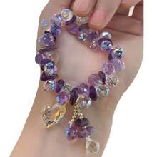 1pc Sparkling Double-Row Woven Purple Crystal Bracelet, Enchanting Aquamarine Iridescent Heart Charm Bracelet For Women