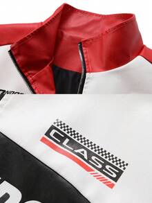 男士图案字母印花时尚百搭皮革长袖夹克 - 紅色 - 查看 3