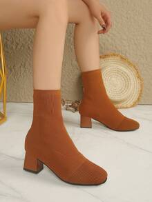 2025 Autumn/Winter New Square Toe Mid-Calf Brown High Heel Chunky Heel Elastic Boots For Women