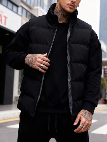 Autumn/Winter European & American Style Stand Collar Black Down Cotton Vest, Streetwear Warm Sleeveless Jacket