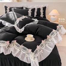 Chic Ruffled Duvet Set- Ruffle Lace Polyester Comforter  French Princess Style Bedding-2 Piece Twin Duvet Cover With Zipper Closure -Ultra Soft And  Weight-No Comforter,24328429 - màu đen - Xem 1