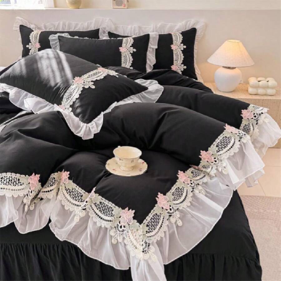 Chic Ruffled Duvet Set- Ruffle Lace Polyester Comforter French Princess Style Bedding-2 Piece Twin Duvet Cover With Zipper Closure -Ultra Soft And Weight-No Comforter,24328429 - màu đen - Xem 1