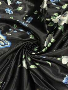 女士优雅黑色底白色花卉印花中长款长袖翻领西装外套，春秋季 - 黑色 - 查看 5