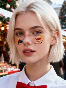 (Set Of 12) Colorful & Adorable Christmas Temporary Face Tattoos, Includes Rainbow Colors, Santa Claus, Reindeer, Sleigh, Stockings, Plants, Bells, Gifts, Snowflakes, Sweet & Cute For Girls, Also Suitable As Christmas Gifts For Friends - Multicolor - View 9