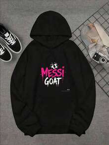 1pc Graphic Oversized Hoodies For Women, Long Sleeve Pocket Pullover, Sweatshirts, Messi Goat Football Legend Design Print Fall Fashion 2025 Pullover, Letter Print Winter Clothes, Suitable For Parties, Outdoor Activities, And Leisure, Gift For Women, Size S-3XL - màu đen - Xem 1