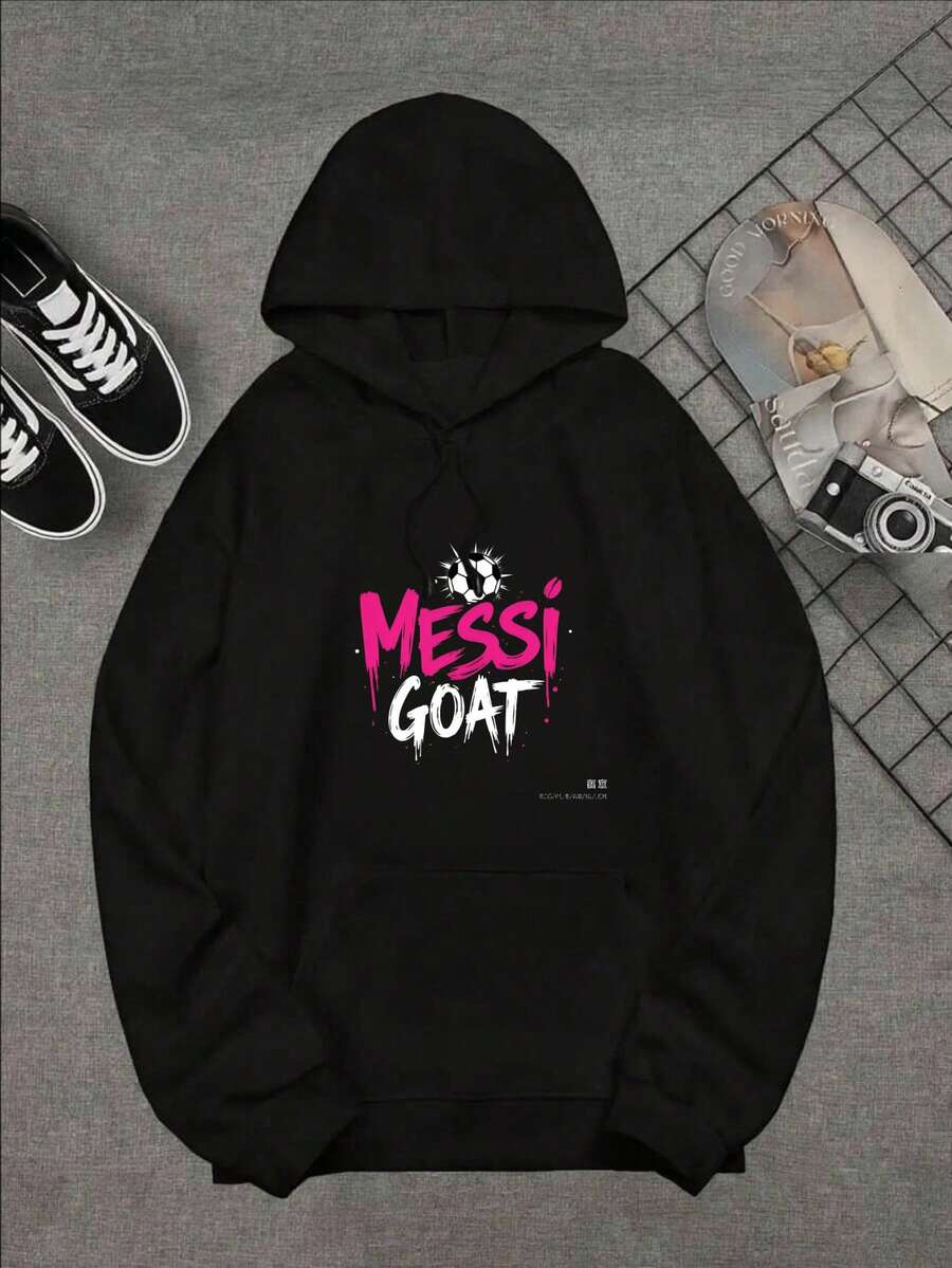 1pc Graphic Oversized Hoodies For Women, Long Sleeve Pocket Pullover, Sweatshirts, Messi Goat Football Legend Design Print Fall Fashion 2025 Pullover, Letter Print Winter Clothes, Suitable For Parties, Outdoor Activities, And Leisure, Gift For Women, Size S-3XL - màu đen - Xem 1