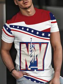 New York,  Liberty Sketch Print Casual Short Sleeve Crew Neck T-Shirt, Men's Summer Casual Short Sleeve Top - Multicolor - View 1