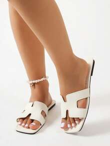 Women's Fashion Flat Square Toe Slip-On Sandals, Versatile Ladies' Summer Casual Shoes - Beige - View 4