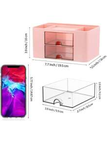 1pc Mini Desktop Organizer With 2 Drawer, Multi-Functional Pencil Pen Holder For Desk, Simple And Creative Stationery & Office Supplies Storage Box For School, Office, Dorm, Multi-Compartment Organizer, Makeup Organiser, Back To School Supplies, Holiday Gift, Christmas Present - Hồng - Xem 6