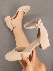 Women's Closed Round Toe Low Block Heels Ankle Strap Chunky Heel Pumps Dress Wedding Office Party Shoes - Apricot - View 1