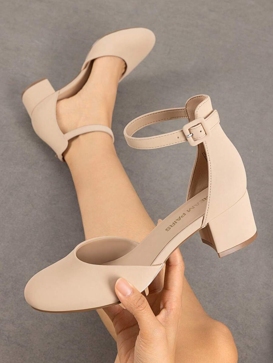 Women's Closed Round Toe Low Block Heels Ankle Strap Chunky Heel Pumps Dress Wedding Office Party Shoes - Apricot - View 1