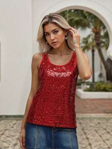 Womens Sequin Tank Tops  Sleeveless Round Neck Solid Color Tops Slim Fit Shirts Festival Tops - Red - View 4