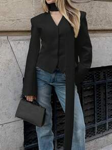 Women's Elegant Blouse With Fashion Scarf Patchwork Tie-Front Casual Commuter Blazer, Solid Woven Fabric, Button Closure - Black - View 2