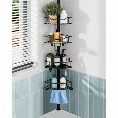 Corner Shower Caddy Tension Pole, 4 Tier Rustproof Shower Tension Rod Organizer, Adjustable 25 - 125 Inch Bathroom Shower Organizer Shelves Bathtub Shampoo Storage, Black