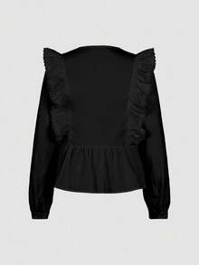ii Casual Solid Color Lace Patchwork Ruffle Trim Long Sleeve Blouse