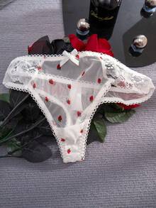 1 Conjunto de lencería cómoda para mujer con estampado de fresa blanca, encaje y lazo, con aros - Blanco - Ver 7