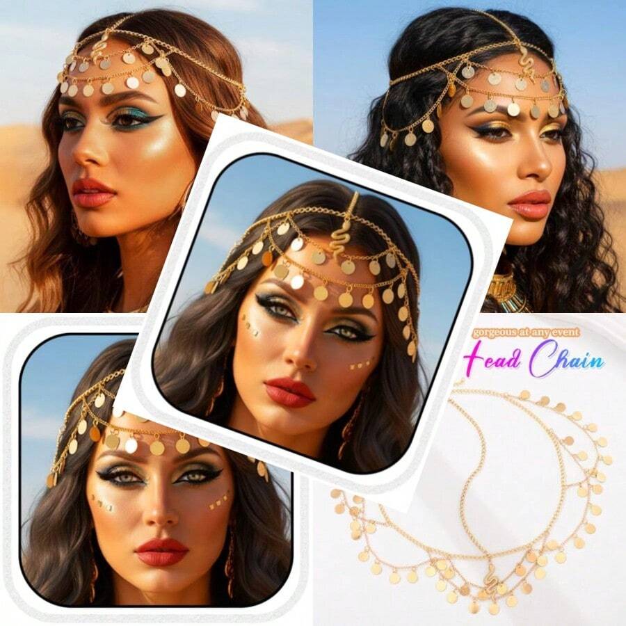 Sequin Gold Head Chain Jewelry Snake Egyptian Headpiece Festival Costume Headband Hair Accessories For Women