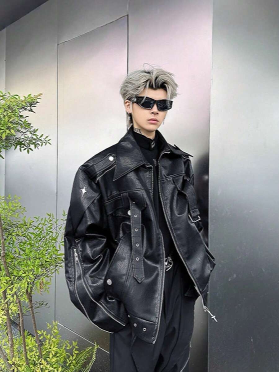 American Heavy-Duty Niche Deconstructed PU Leather Jacket For Men - Premium, Stylish, Versatile Streetwear Motorcycle Outerwear - 黑色 - 查看 1
