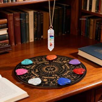 1/8/9pcs Chakra Healing Crystal Set -7 Heart-Shaped Stones, Wooden Divination Board, Chakra Pendant Necklace, Perfect For Energy Balance, Meditation, And Spiritual Practice