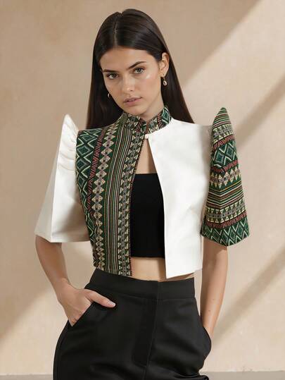 Amyenjoylife Modern Philippine-Inspired Blouse, Philippine-Inspired Butterfly Sleeve Blouse, Women's Spring/Summer Printed Stand Collar Puff Sleeve Contrast Color Block Cropped Top, Women's Philippine-Inspired Shawl, Apricot Blouse, Green Blouse
