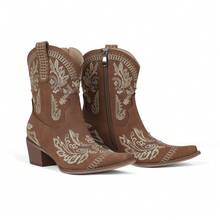 Embroidery Floral Women Western Boots Chunky Heel Cowgirl Cowboy Ankle Shoes Retro Vintage Comfy Stitched Ridding Shoes - 棕色 - 查看 10