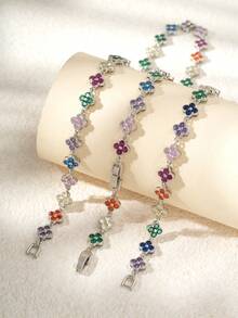 Bộ 2 chiếc vòng tay và vòng cổ bằng đồng Cubic Zirconia hình cỏ ba lá, thích hợp làm quà tặng cho phụ nữ, đeo hàng ngày - Cỏ bốn lá - Xem 2