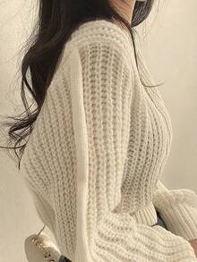 Vintage Harajuku suéter de manga larga suelta de las mujeres, prendas de punto coreano, suave Top caliente, la moda de las mujeres de otoño e invierno suéter de color sólido - Beis - Ver 2