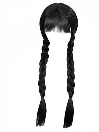 22 Zoll elegante Damen-Synthetikperücke mit schwarzem glattem Haar, doppelten Zöpfen, hitzebeständiger Faser und Rosennetz-Kappe, geeignet für Partys oder Halloween