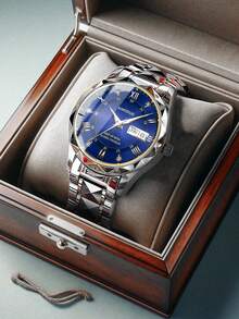 1pc Men's Stainless Steel Band Calendar Week Luminous Business Casual Quartz Wrist Watch - Silver - View 7