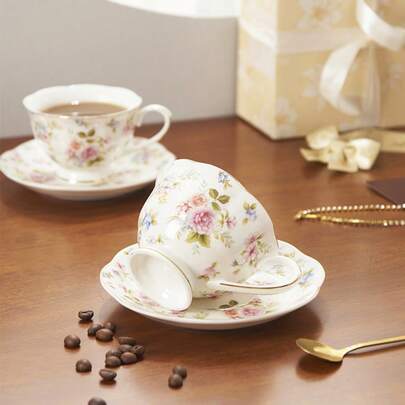 1 st blommönster keramisk kaffemugg, trendig mjölkkopp för par, högkvalitativ frukostkopp, lämplig för kaffe, mjölk, , kanellatte, kreativ jul- och födelsedagspresent