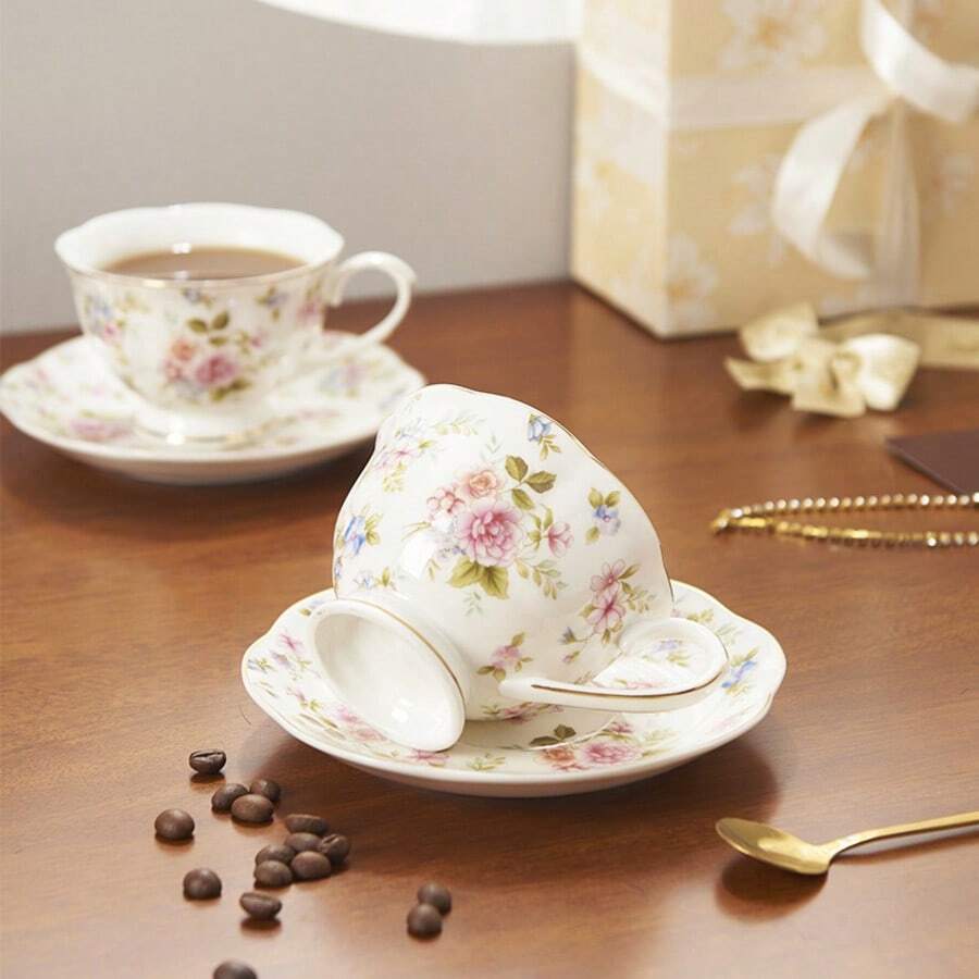 1pc Floral Pattern Ceramic Coffee Mug, Fashionable Couple Milk Cup, High-Quality Breakfast Cup, Suitable For Coffee, Milk, Cocoa, Cinnamon Latte, Creative Holiday Christmas And Birthday Gift - Multicolor - View 1