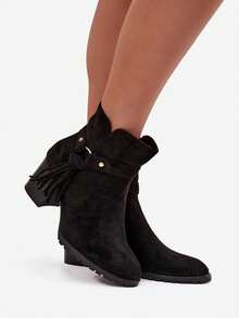 Women's Heeled Ankle Boots Made Of Synthetic-Suede With Fringe, Perfect For Autumn And Winter Beige Brown Black - Black - View 8