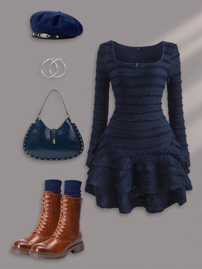 Women's Elegant Bow Decor Layered Ruffle Collar Long Sleeve Waist Cinched Dress, Suitable For Dates