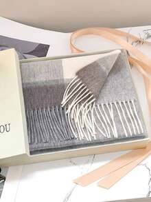 1 pieza Bufanda a cuadros 100% lana para mujer, chal de alta calidad, nuevo lanzamiento 2025, accesorio de invierno, regalo de cumpleaños para vestir - Gris - Ver 2