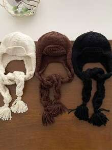 1pc Women's Cute Casual Style Fashion Handmade Knitted Aviator Hat With Long Braided Rope Decor, Heavy Craft Ear Protection, Versatile Face-Slimming Breathable Hat For Travel And Daily Wear - Solid Color - View 7