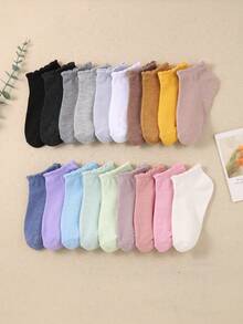 10 双小女孩随机糖果色荷叶边袜子，适合日常生活和户外活动，百搭休闲，甜美可爱，舒适透气的儿童踝袜