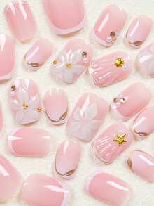 24片短方形美甲贴纸，简约白色法式3D花卉、贝壳、海星、白色珍珠美甲贴花，可爱优雅的美甲装饰套装，适合日常佩戴和派对（包含：1片果冻胶和1片指甲抛光条）美甲用品 - 彩色 - 查看 3