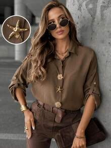 女士优雅长袖纽扣前衬衫，衬衫领，醒目的花卉海星纽扣装饰，百搭长袖衬衫，适合日常穿着 - 咖 - 查看 4