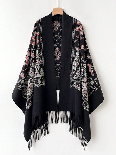 وشاح نسائي مزخرف بالتطريز من الكشمير الاصطناعي لفصلي الخريف والشتاء، وشاح سميك دافئ بتصميم بوهيمي مع شرابات مطرزة، مناسب للسفر