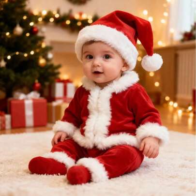 3件套婴儿圣诞套装 - 圣诞宝宝连衣裙（帽子+上衣+裤子），婴儿圣诞服装，适合拍照、庆祝百日诞辰及家庭聚会，圣诞节和新年礼物，男女宝宝皆宜