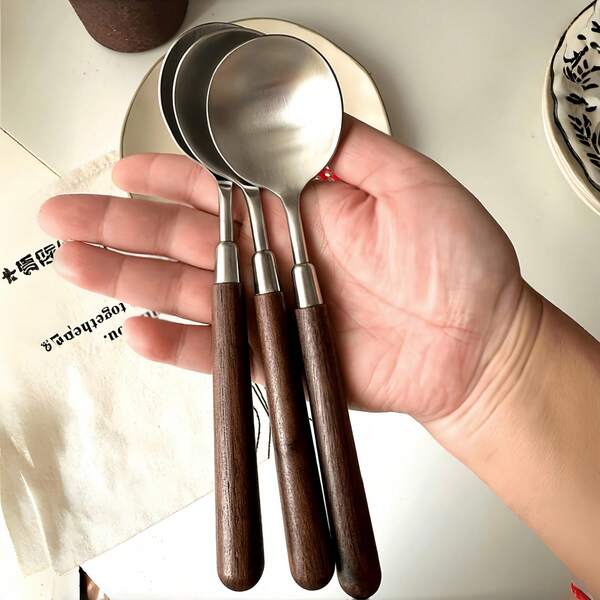 1pc Imitation Walnut Handle Round Spoon, High-Appearance Stainless Steel Small Round Spoon For Home Use, Western Dessert Spoon, Eating Spoon