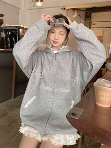 2024 Autumn Grey Lace Pearl Hooded Sweatshirt Jacket For Women, Loose Fit Flattering Design With Zipper