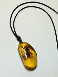 琥珀昆虫化石吊坠项链，复古树脂琥珀泪珠蝎子蝴蝶长项链，男女皆宜，不对称吊坠 - 黃色 - 查看 13