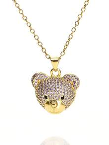 1pc Fashionable Elegant Cute Copper Inlaid Zirconia Bear Pendant Necklace, Jewelry For Women, Suitable For Daily Wear And Party/Holiday Style, Valentine's Day Couple Gift
