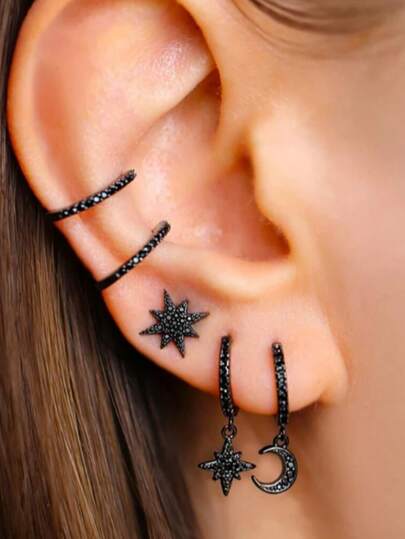 5pcs Gothic Style Star & Moon Mini Hoop Earrings Set, Fashionable For Women Party & Music Festival
