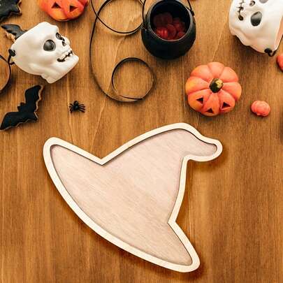 Witch Hat Shape Storage Tray Maple Leaf Wooden Jewelry Display Case Halloween Snack Dishes
